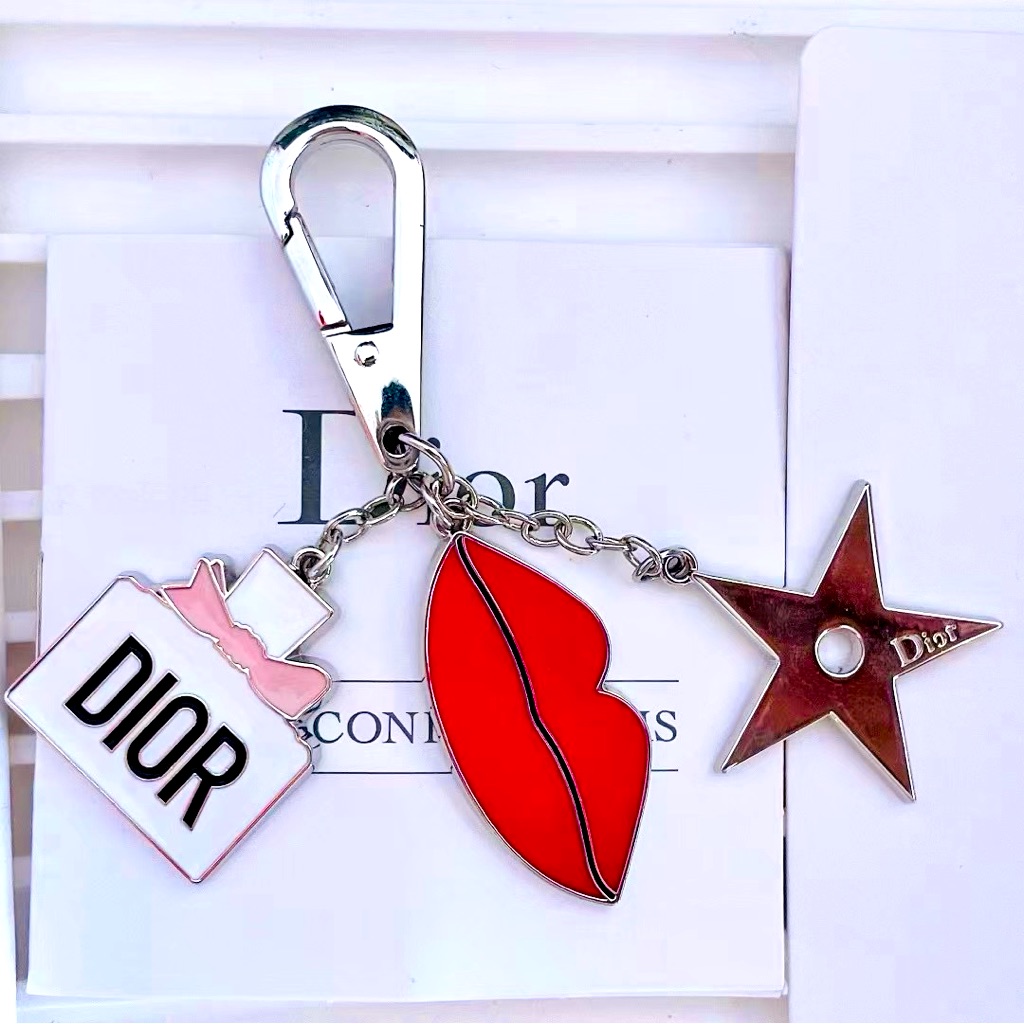 Dior Lipstick, Perfume & Star Charm Keychain Silver-Tone Accessory
